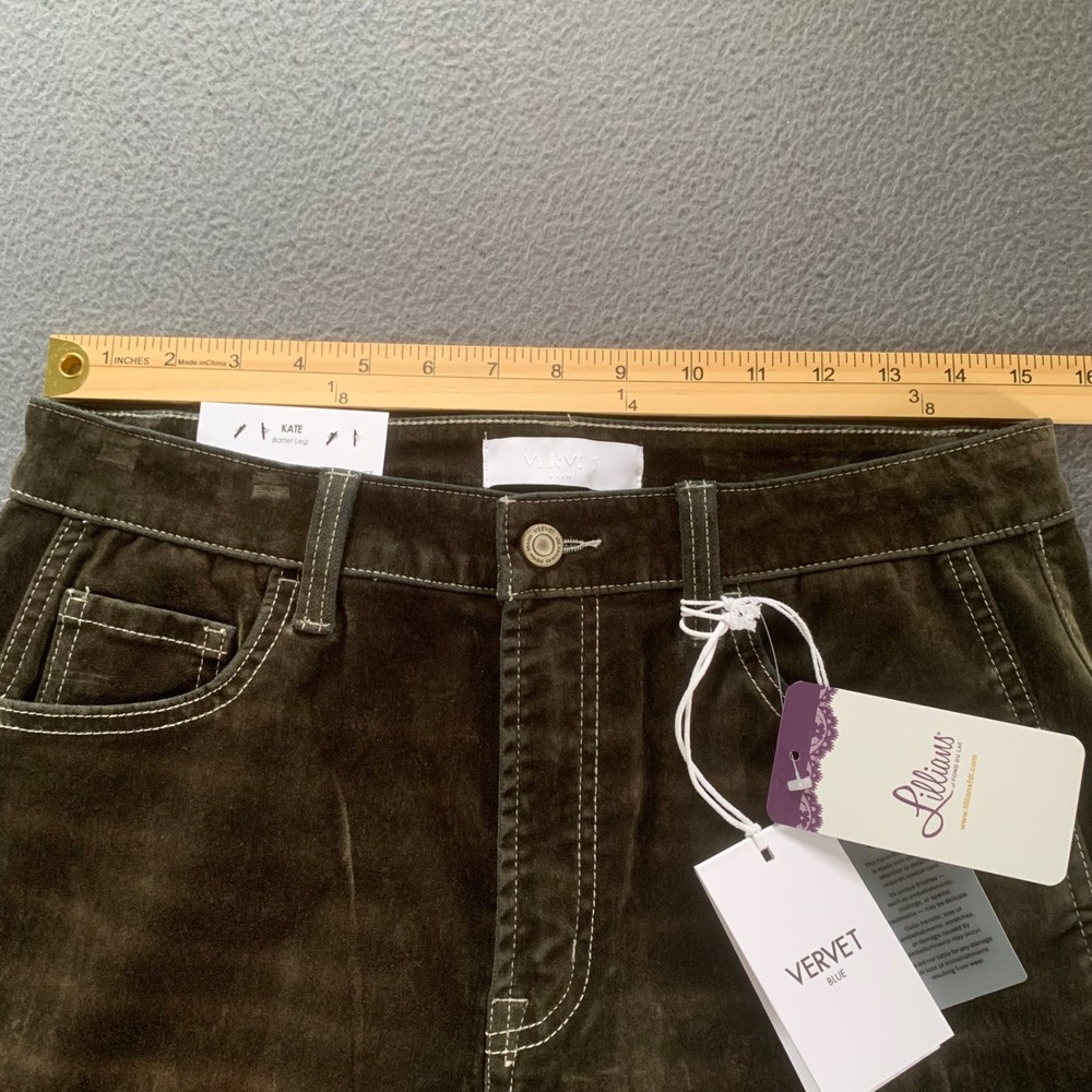 NWT Vervet Kate High Rise Flocked Barrel Leg Jeans Velvet Olive Brown Size 30 - Picture 14 of 16